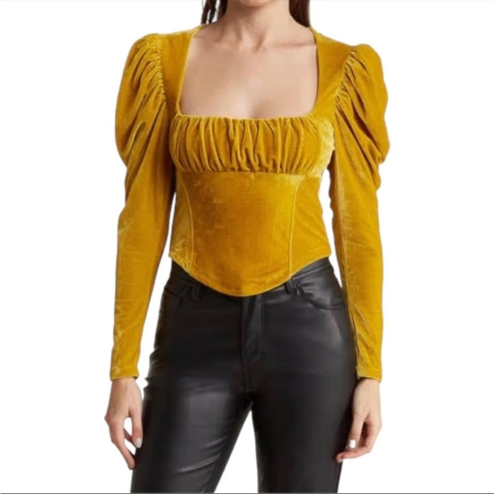 Free People x Revolve Hold Me Puff Sleeve Velvet Top in Gold